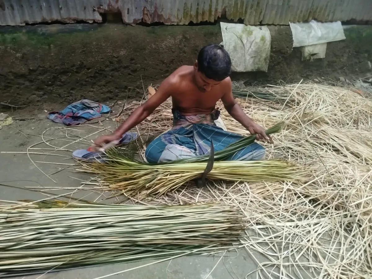 A maker sitting on the ground splitting murta cane into strips, bundles of cane around him