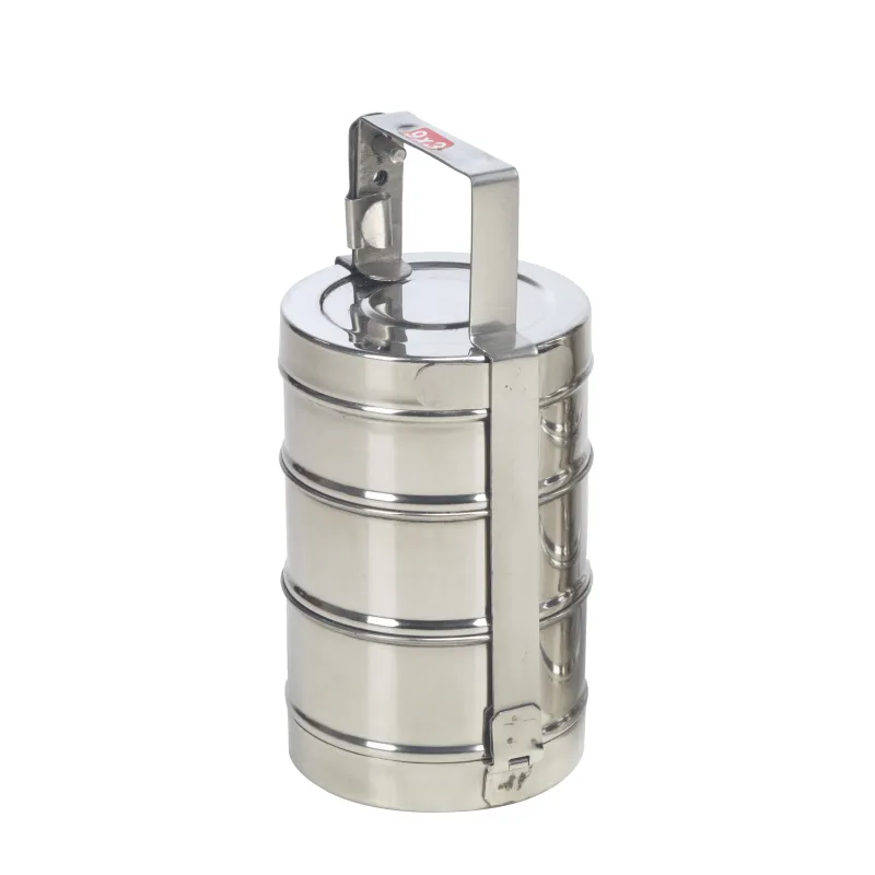 A stacked steel tiffin carrier, the kind lunch is brought in