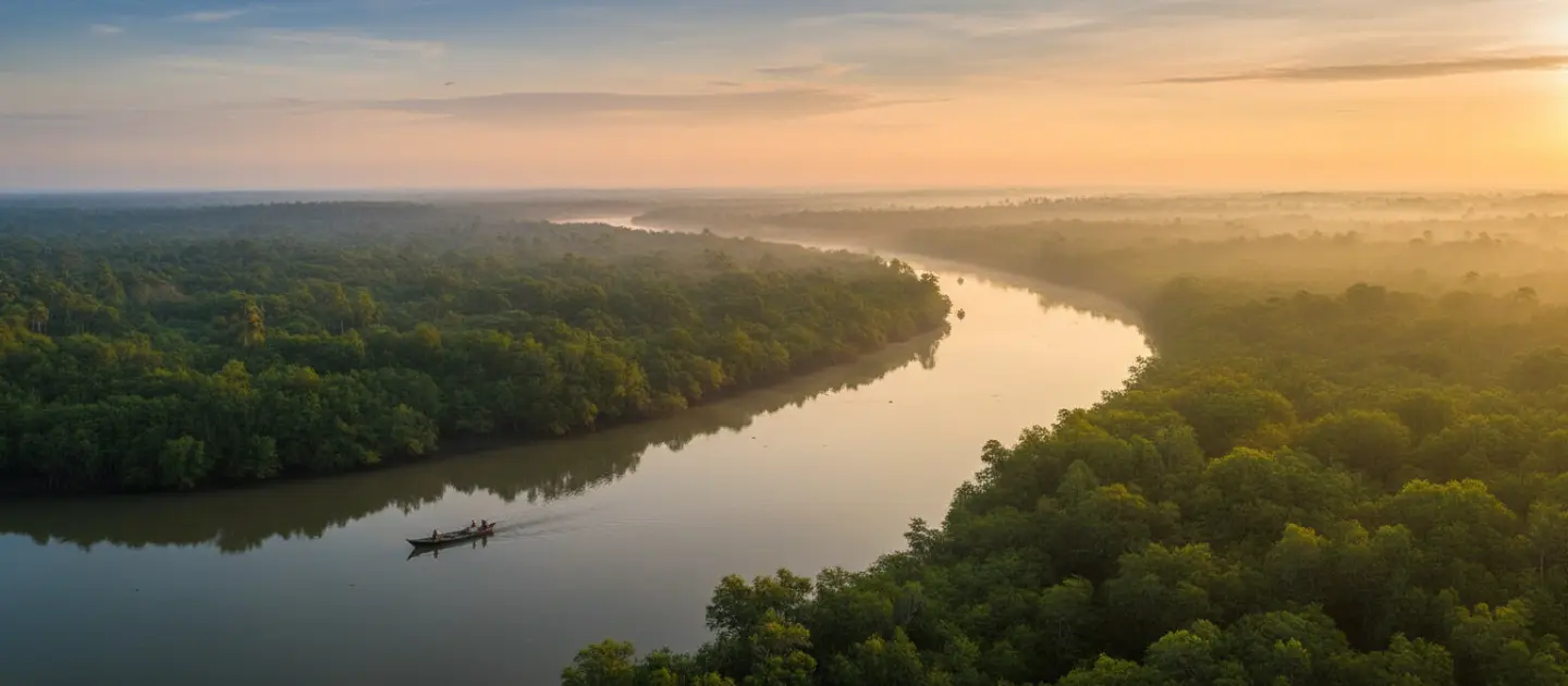 A river winding through mangrove forest at sunrise