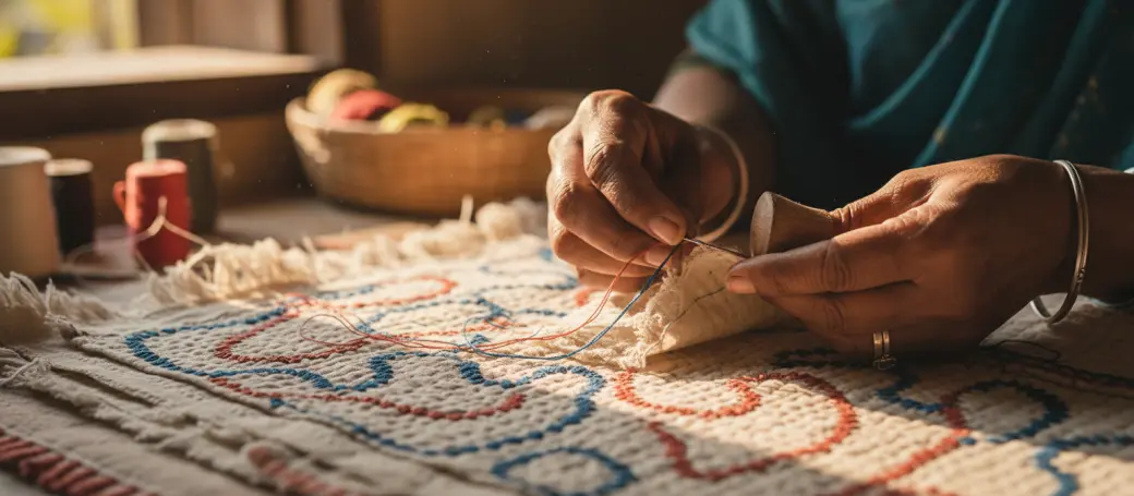 An artisan at work on a running stitch