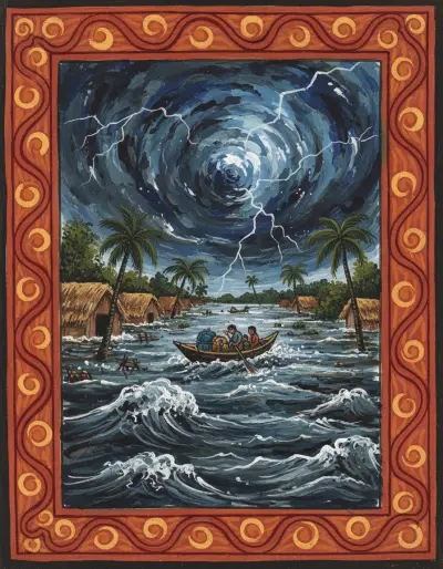 Painted panel of an eroding riverbank