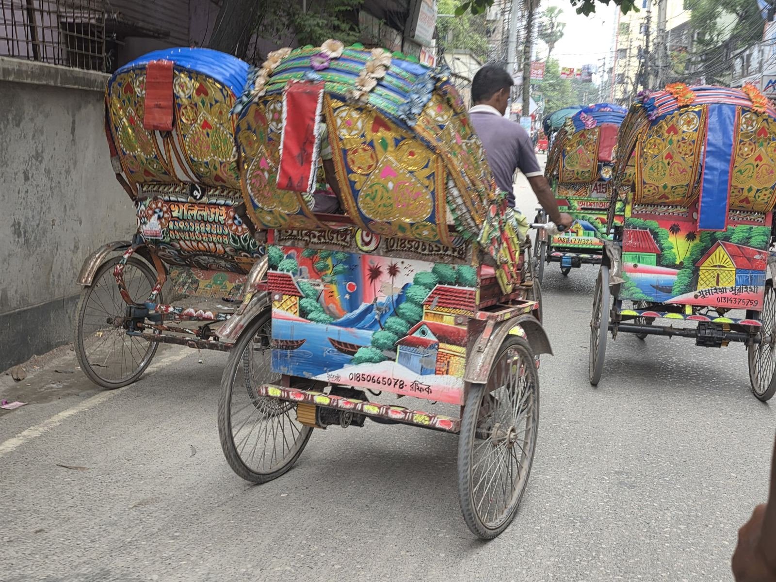 Several hand-painted rickshaws parked together, their canvases covered in folk-art scenes