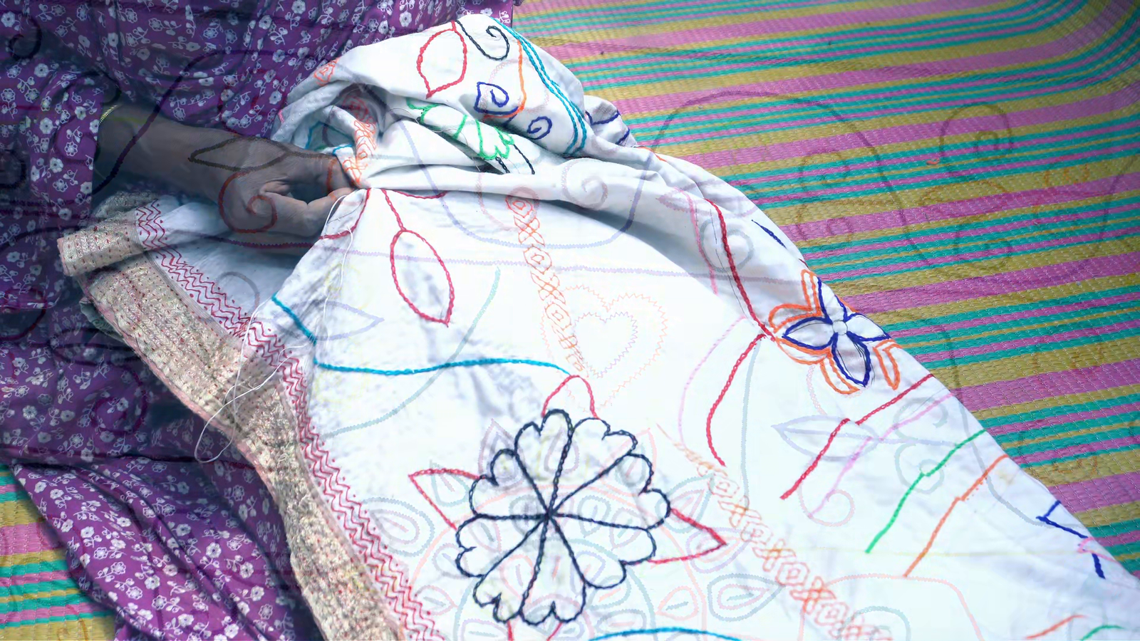 Hands at work on a Nakshi Kantha quilt during a guided session