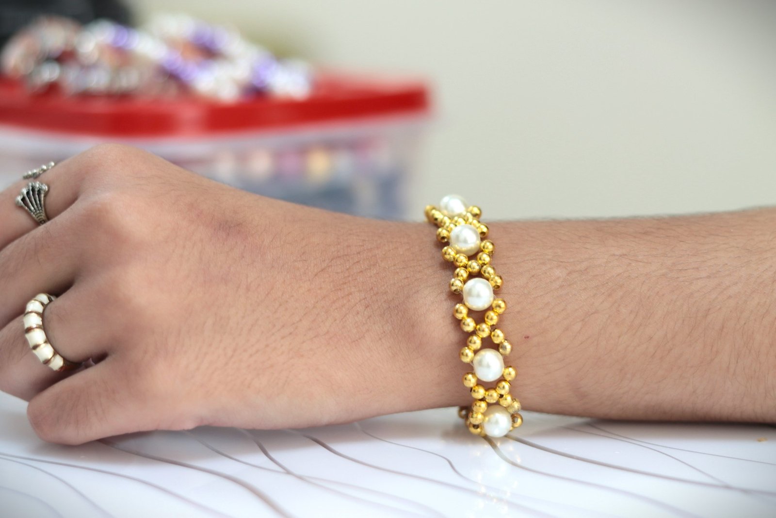 Golden Pearl Mesh Bracelet