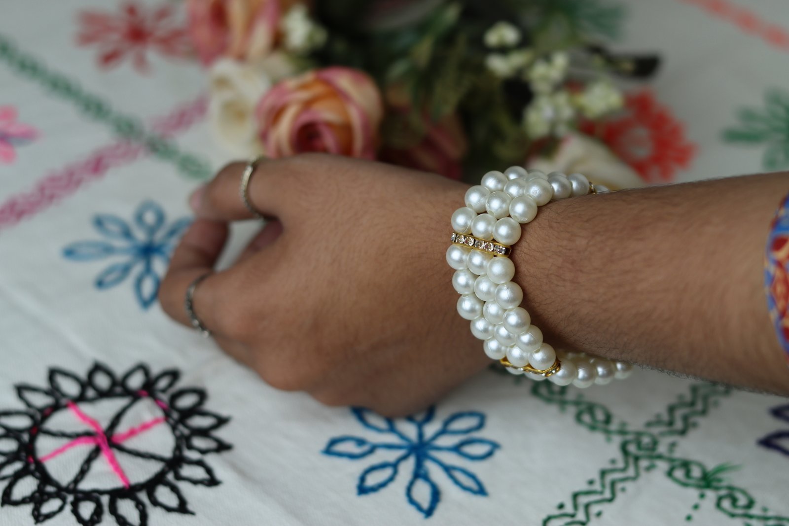 Triple-Strand Pearl & Crystal Cuff