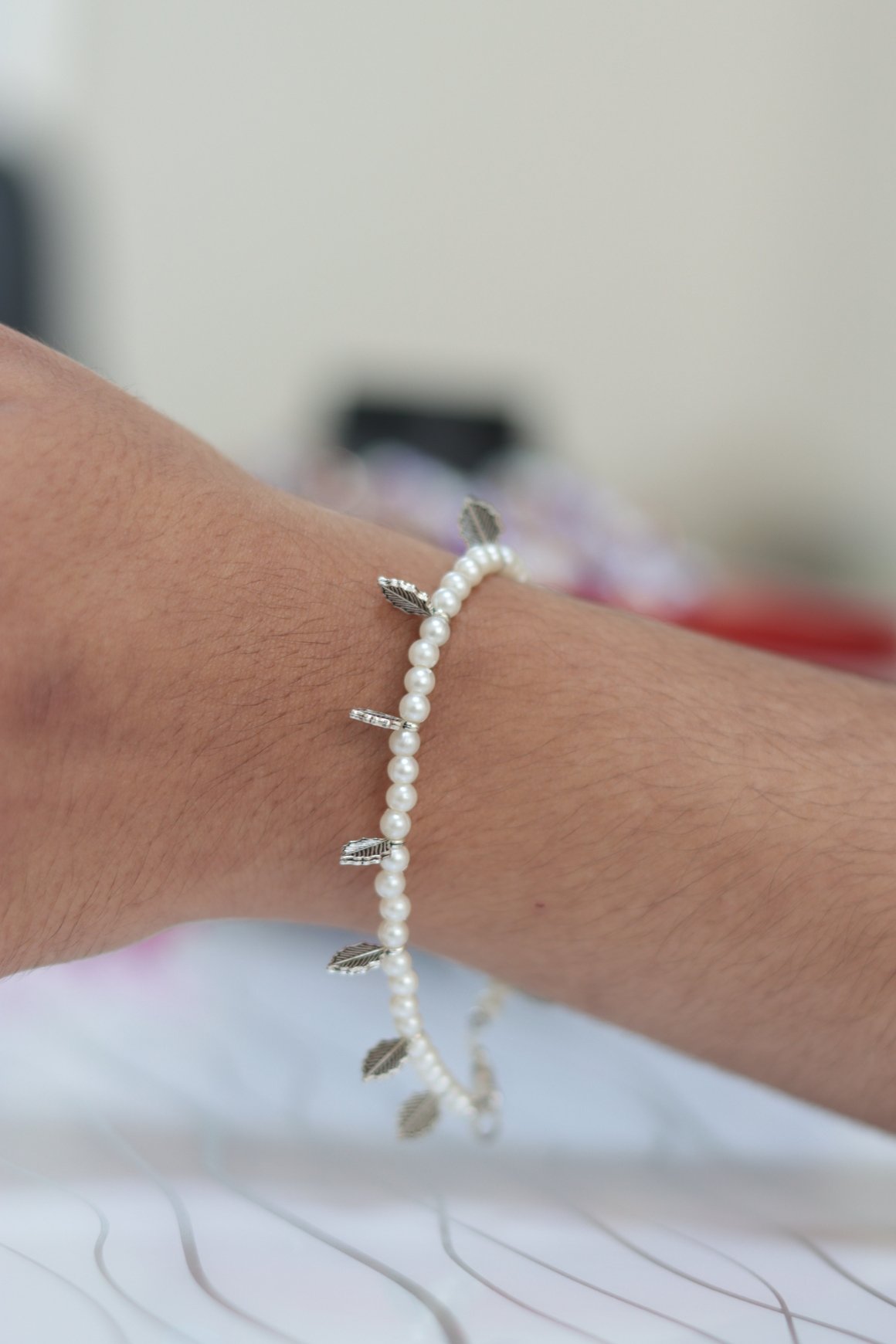 Silver Leaf Pearl Bracelet