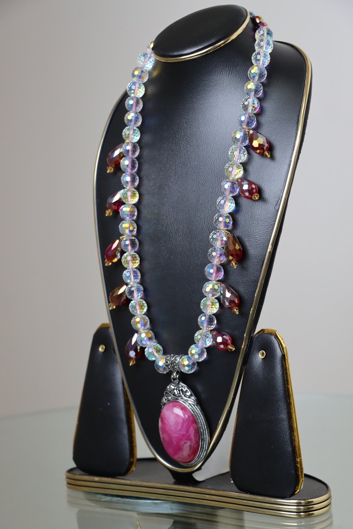 Pink Agate Pendant & Iridescent Crystal Necklace