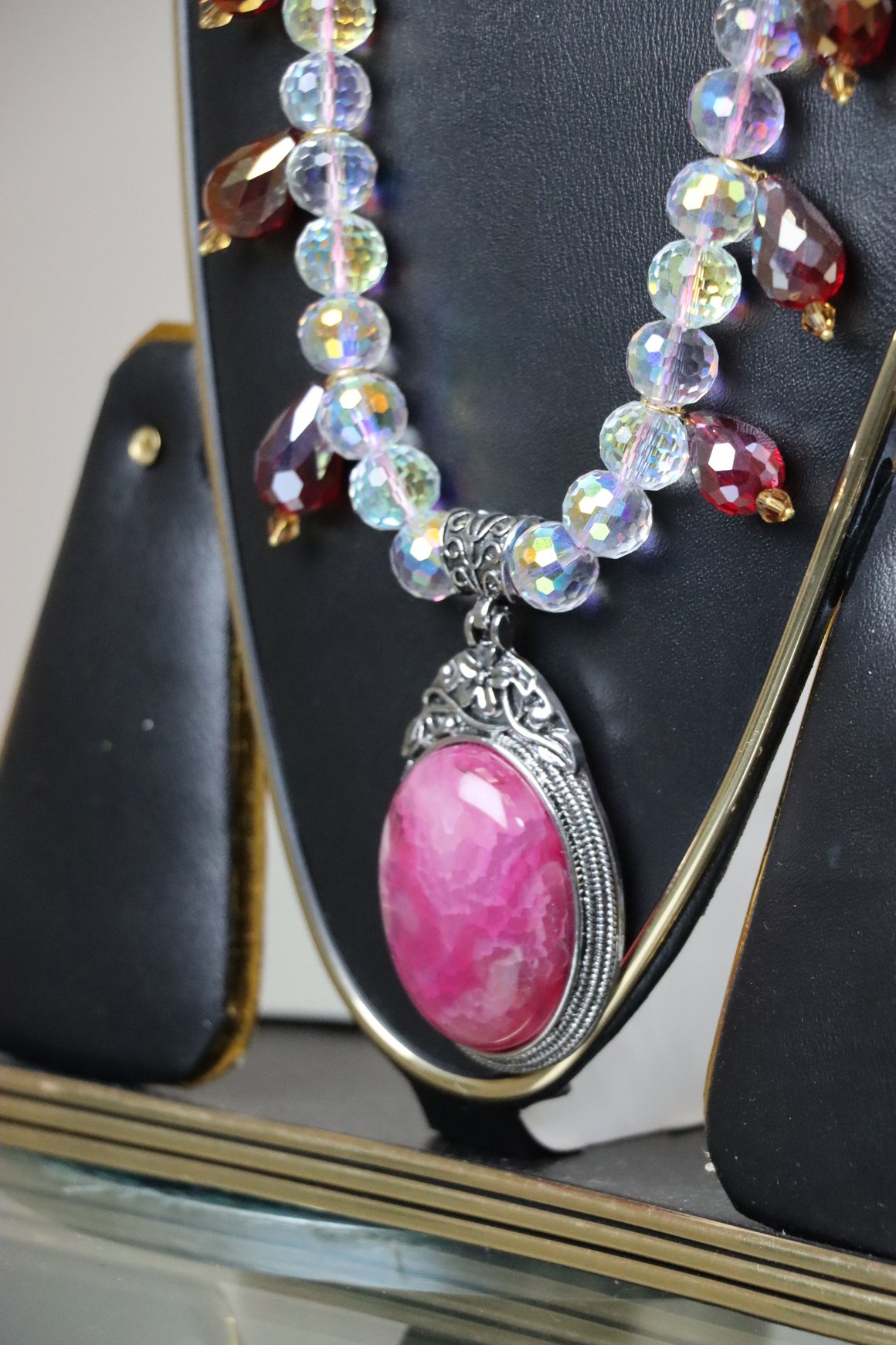 Pink Agate Pendant & Iridescent Crystal Necklace