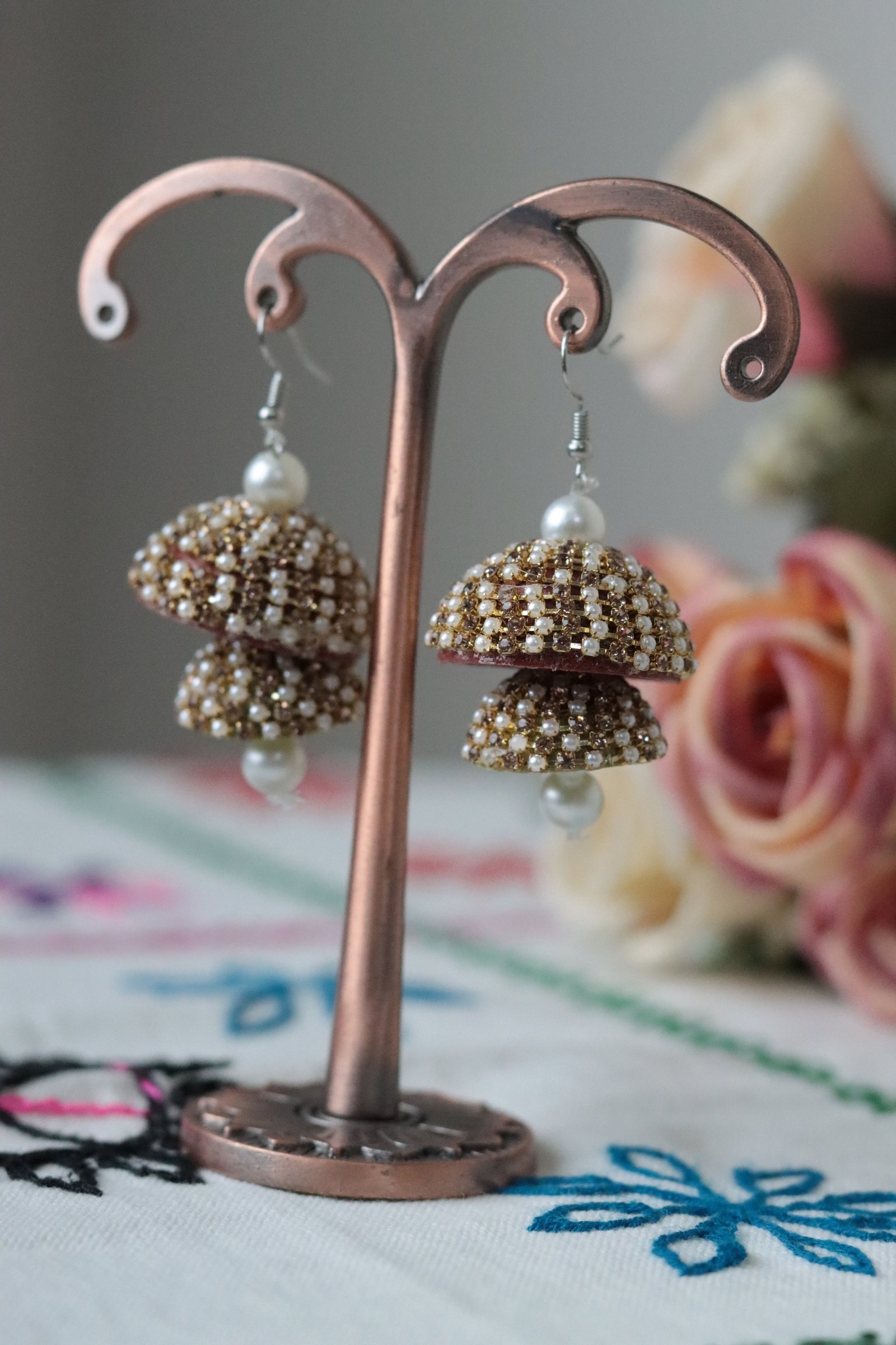 Double Layer Stone & Pearl Jhumka