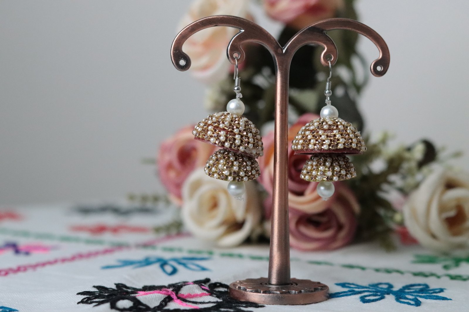 Double Layer Stone & Pearl Jhumka